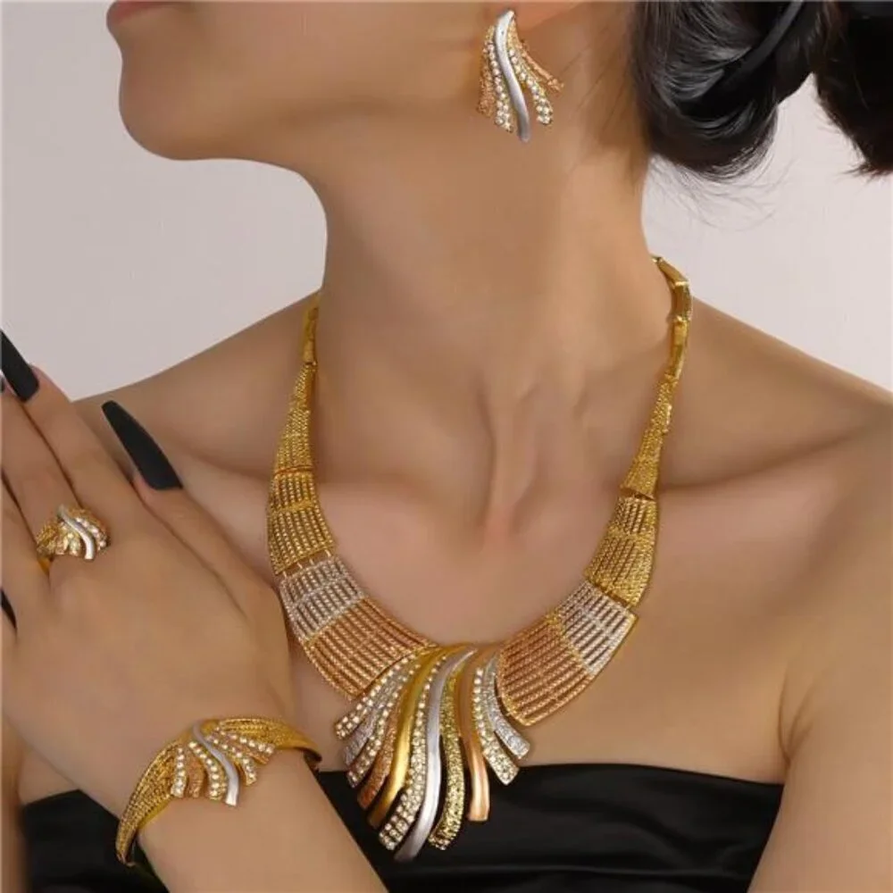 Gold, Rose Gold & Silver Wave Jewelry Set – Necklace, Bracelet, Earrings & Ring